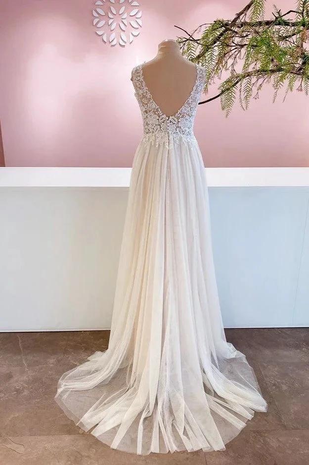 Long A-Line Sweetheart Tulle Backless Wedding Dress With Floral Lace by BIZTUNNEL
