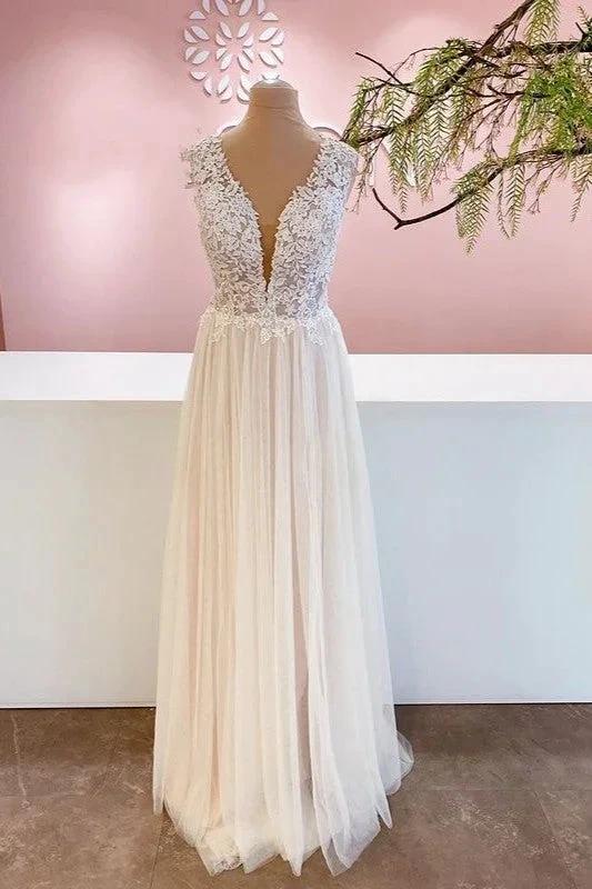 Long A-Line Sweetheart Tulle Backless Wedding Dress With Floral Lace by BIZTUNNEL