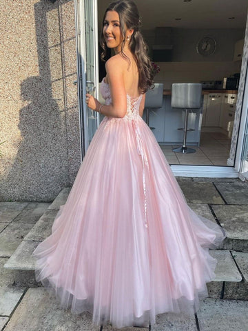 Long A-line Sweetheart Tulle Lace Prom Dress Pink Lace Formal Evening Gowns