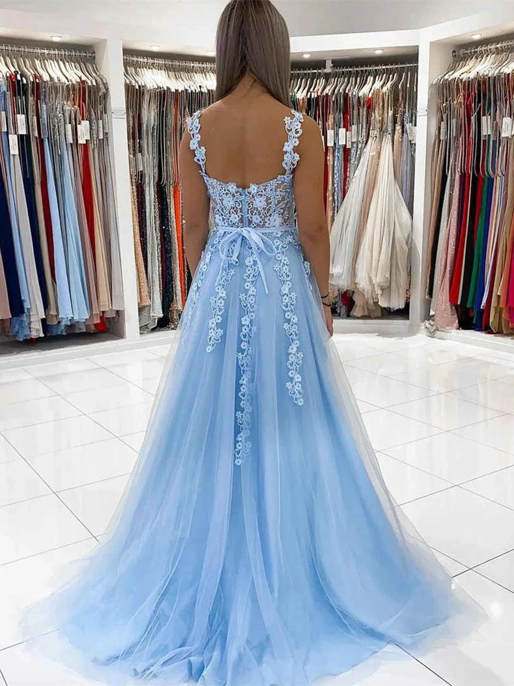 Long A-line Sweetheart Tulle Lace Prom Dress Sky Blue Formal Graduation Evening Dresses with 3D Flowers by BIZTUNNEL