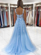 Long A-line Sweetheart Tulle Lace Prom Dress Sky Blue Formal Graduation Evening Dresses with 3D Flowers by BIZTUNNEL