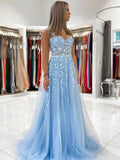 Long A-line Sweetheart Tulle Lace Prom Dress Sky Blue Formal Graduation Evening Dresses with 3D Flowers by BIZTUNNEL