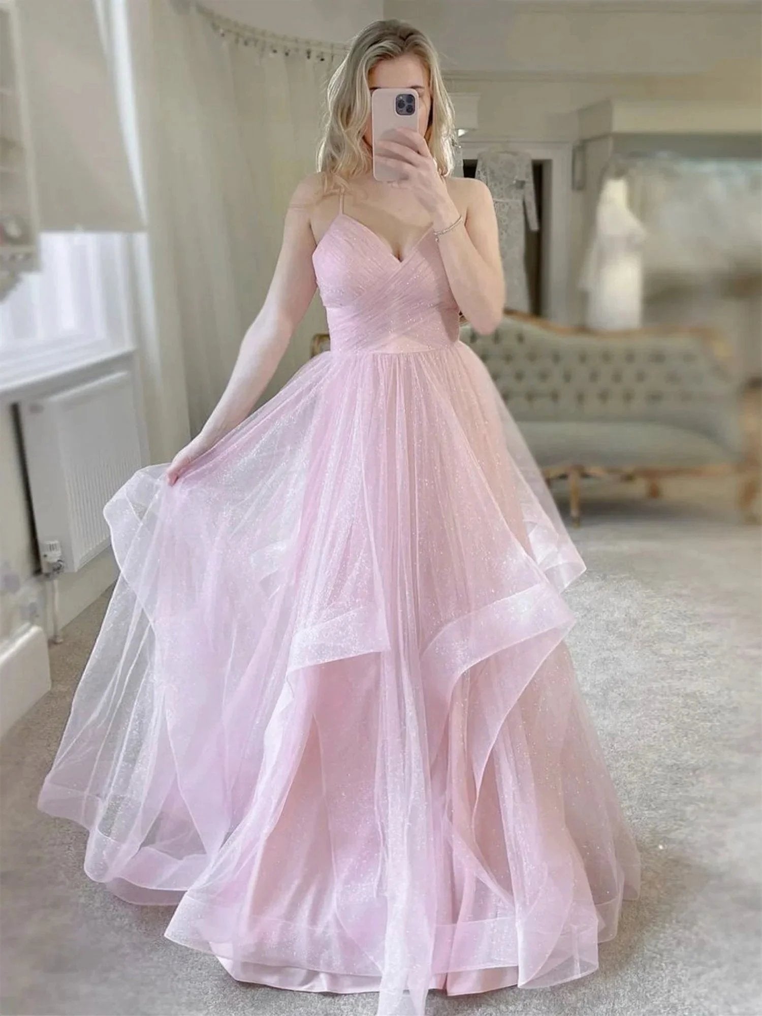 Long A-line Sweetheart Tulle Prom Dress Pink Formal Evening Gowns by BIZTUNNEL