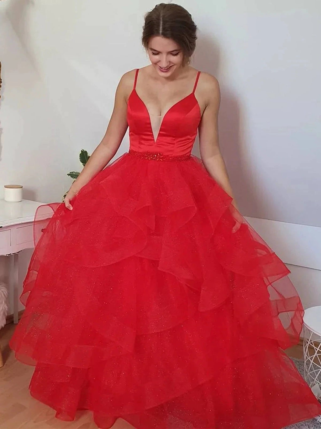Long A-line Sweetheart Tulle Prom Dress Red Formal Evening Gowns by BIZTUNNEL