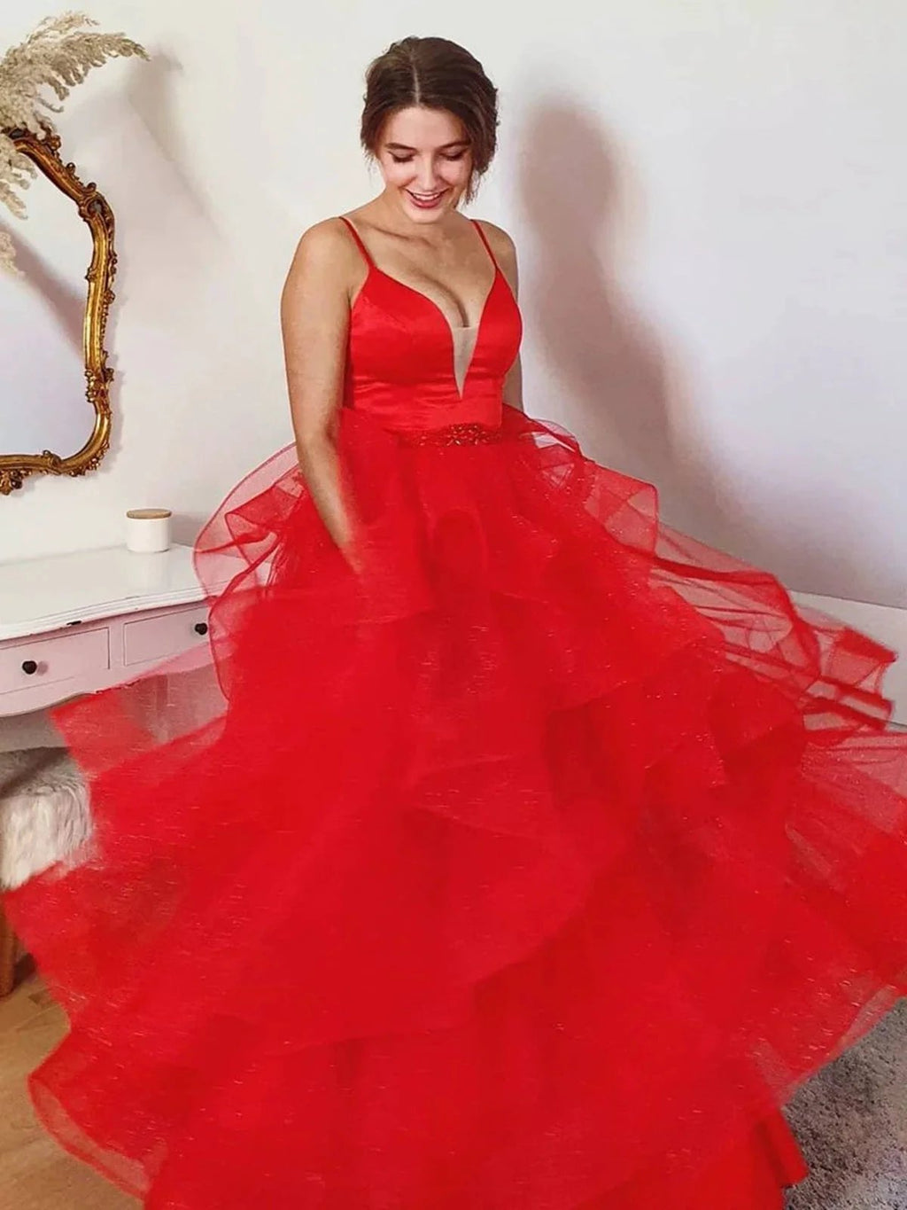 Long A-line Sweetheart Tulle Prom Dress Red Formal Evening Gowns by BIZTUNNEL