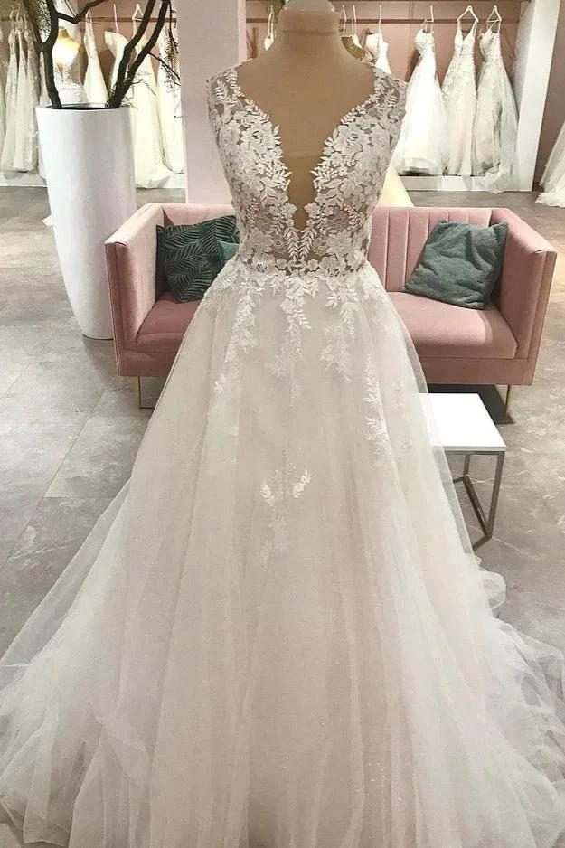 Long A-Line Sweetheart Tulle Wedding Dress With Appliques Lace by BIZTUNNEL