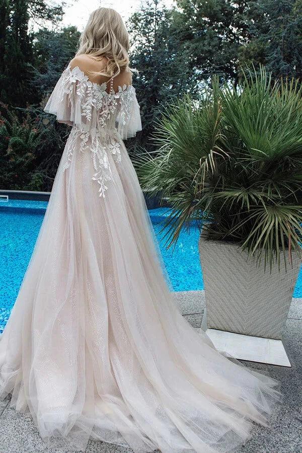 Long A-line Tulle Appliques Lace Off-the-shoulder Wedding Dress by BIZTUNNEL