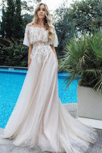 Long A-line Tulle Appliques Lace Off-the-shoulder Wedding Dress by BIZTUNNEL
