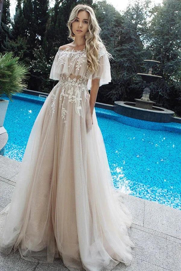 Long A-line Tulle Appliques Lace Off-the-shoulder Wedding Dress by BIZTUNNEL