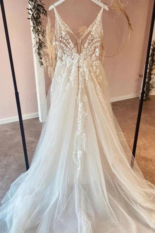 Long A-Line Tulle Appliques Lace Spaghetti Straps V-neck Backless Wedding Dress by BIZTUNNEL