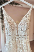Long A-Line Tulle Appliques Lace Spaghetti Straps V-neck Backless Wedding Dress by BIZTUNNEL