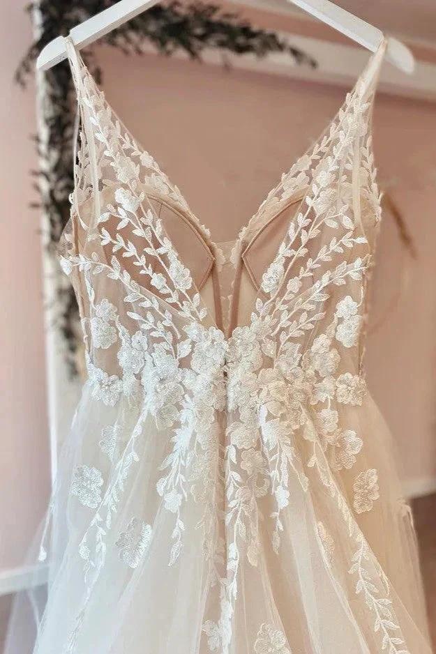 Long A-Line Tulle Appliques Lace Spaghetti Straps V-neck Backless Wedding Dress by BIZTUNNEL