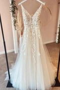 Long A-Line Tulle Appliques Lace Spaghetti Straps V-neck Backless Wedding Dress by BIZTUNNEL