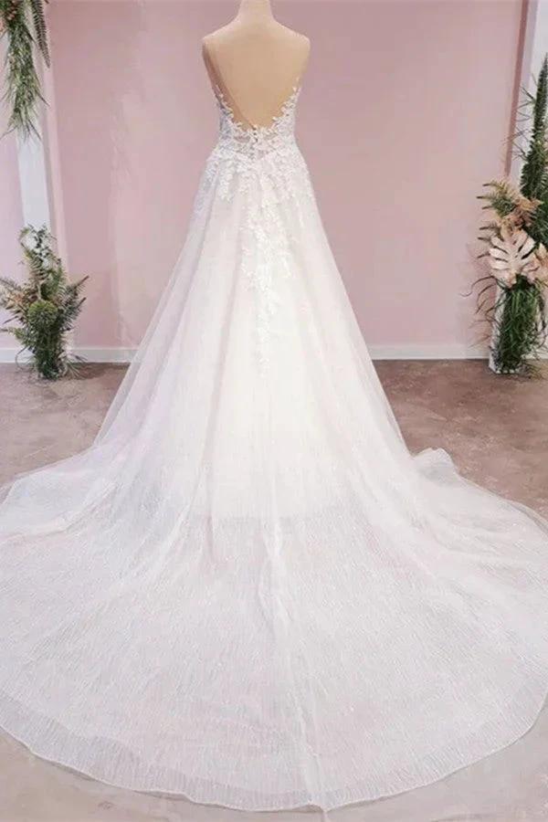 Long A-Line Tulle Backless Appliques Lace Sweetheart Wedding Dress by BIZTUNNEL