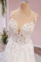 Long A-Line Tulle Backless Appliques Lace Sweetheart Wedding Dress by BIZTUNNEL