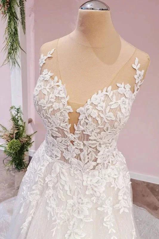 Long A-Line Tulle Backless Appliques Lace Sweetheart Wedding Dress by BIZTUNNEL