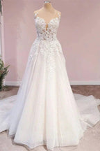 Long A-Line Tulle Backless Appliques Lace Sweetheart Wedding Dress by BIZTUNNEL