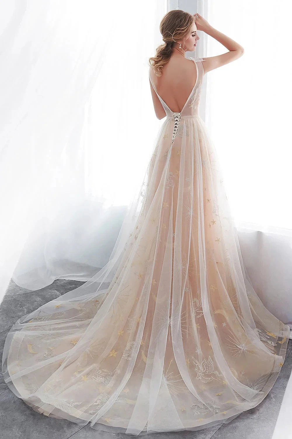 Long A-line Tulle Backless Champangne Evening Dresses by BIZTUNNEL