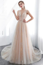 Long A-line Tulle Backless Champangne Evening Dresses by BIZTUNNEL
