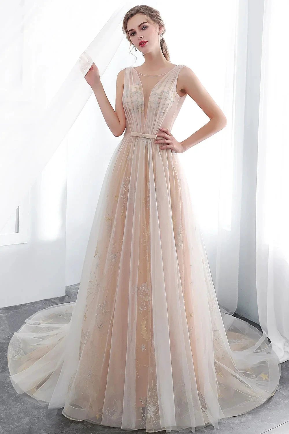 Long A-line Tulle Backless Champangne Evening Dresses by BIZTUNNEL