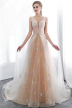 Long A-line Tulle Backless Champangne Evening Dresses by BIZTUNNEL