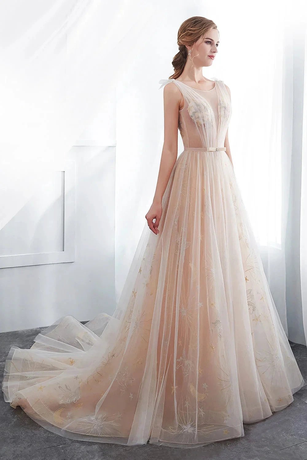 Long A-line Tulle Backless Champangne Evening Dresses by BIZTUNNEL