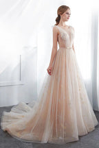 Long A-line Tulle Backless Champangne Evening Dresses by BIZTUNNEL