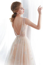 Long A-line Tulle Backless Champangne Evening Dresses by BIZTUNNEL