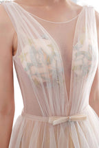 Long A-line Tulle Backless Champangne Evening Dresses by BIZTUNNEL