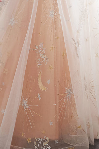 Long A-line Tulle Backless Champangne Evening Dresses