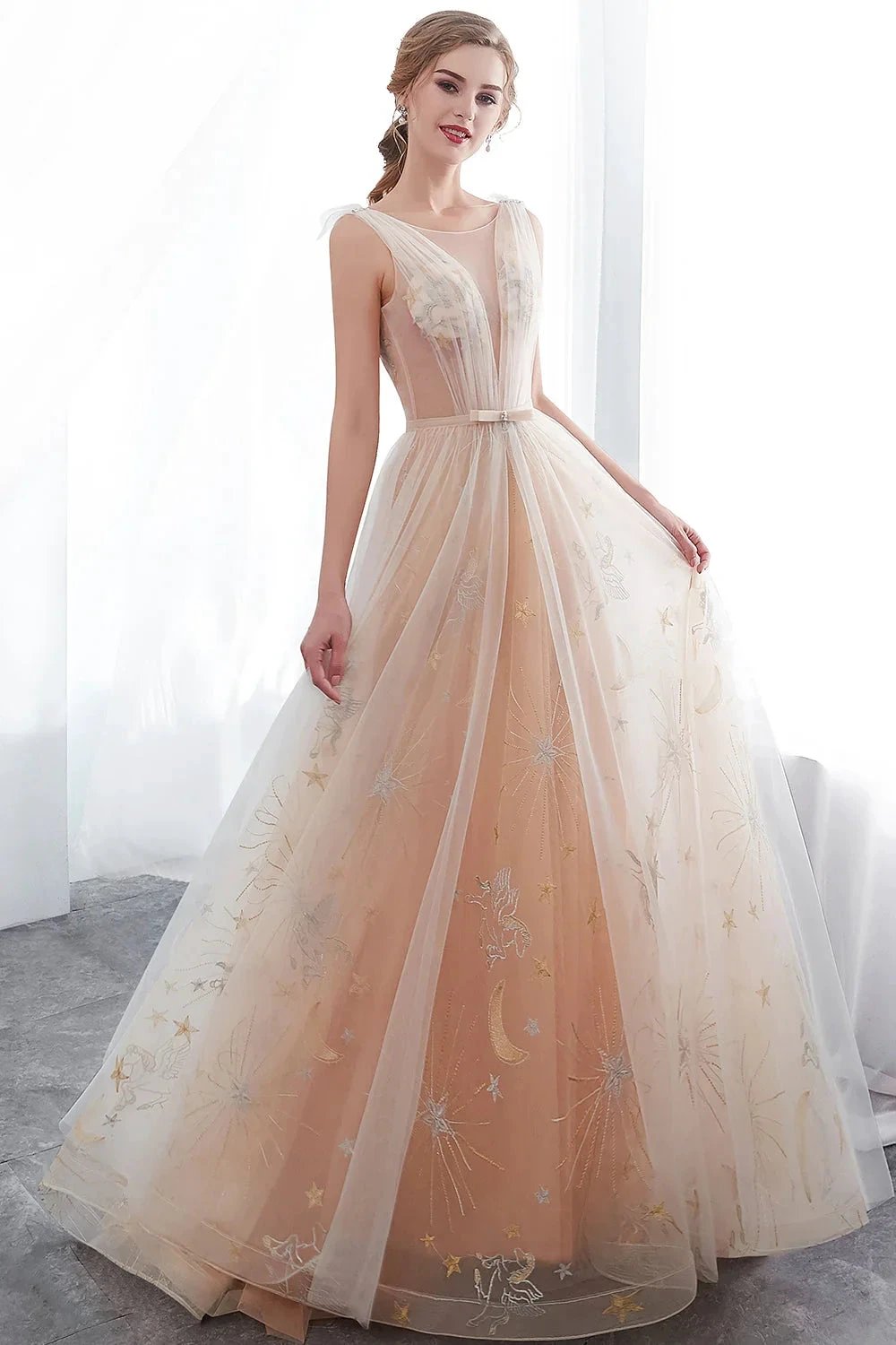 Long A-line Tulle Backless Champangne Evening Dresses by BIZTUNNEL