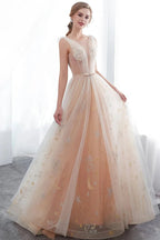 Long A-line Tulle Backless Champangne Evening Dresses by BIZTUNNEL