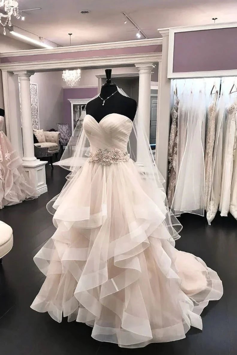 Long A-line Tulle Beaded Waistline Sweetheart Wedding Dress by BIZTUNNEL