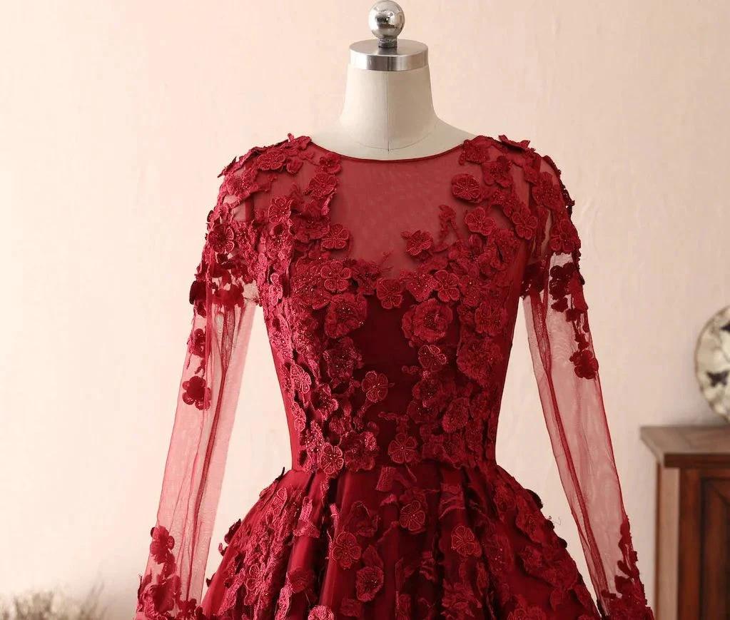 Long A-line Tulle Jewel 3D Floral Appliques Lace Prom Dress by BIZTUNNEL