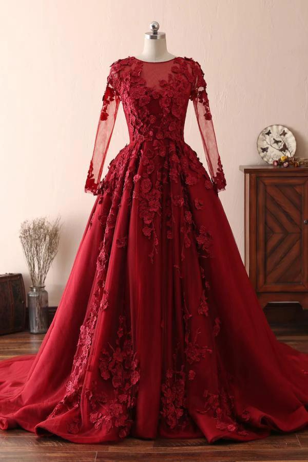Long A-line Tulle Jewel 3D Floral Appliques Lace Prom Dress by BIZTUNNEL