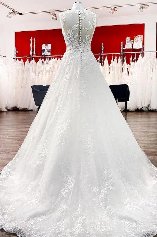 Long A-line Tulle Jewel Lace Appliques Wedding Dresses by BIZTUNNEL