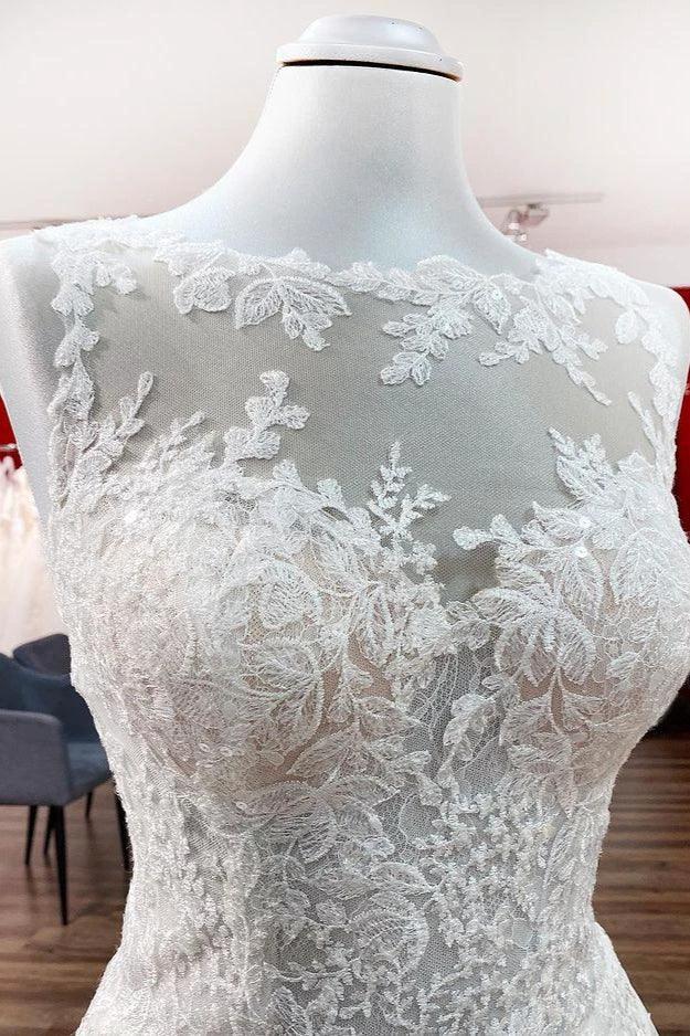 Long A-line Tulle Jewel Lace Appliques Wedding Dresses by BIZTUNNEL
