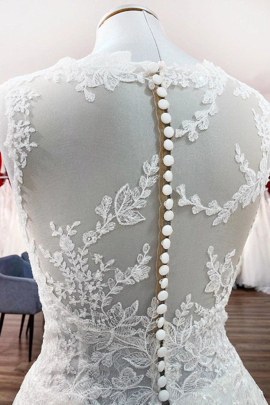 Long A-line Tulle Jewel Lace Appliques Wedding Dresses by BIZTUNNEL