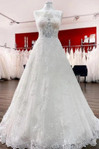 Long A-line Tulle Jewel Lace Appliques Wedding Dresses by BIZTUNNEL