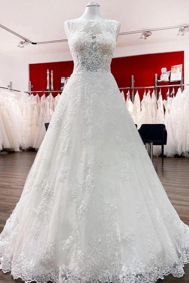Long A-line Tulle Jewel Lace Appliques Wedding Dresses by BIZTUNNEL