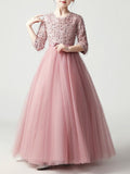 Long A-Line Tulle Jewel Neck Pageant Flower Girl Dresses With Sleeves - photo 1