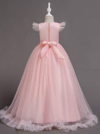 Long A-Line Tulle Jewel Neck Wedding Party Pageant Flower Girl Dresses with S… - photo 2