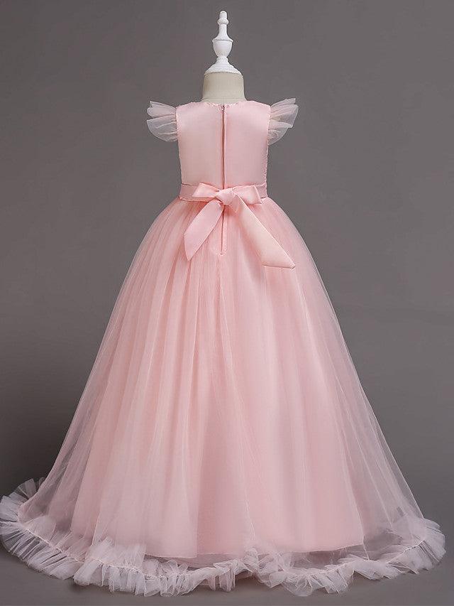 Long A-Line Tulle Jewel Neck Wedding Party Pageant Flower Girl Dresses with S… - photo 2