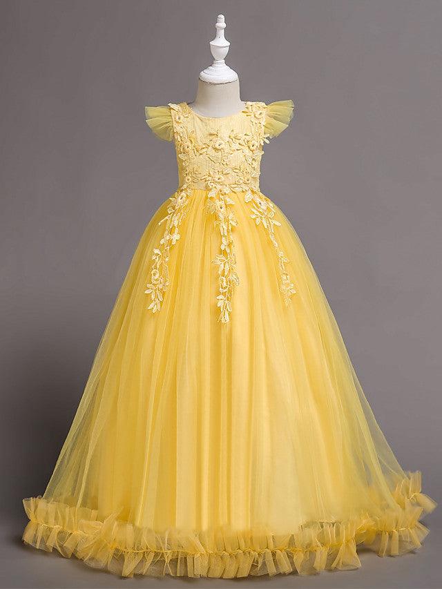 Long A-Line Tulle Jewel Neck Wedding Party Pageant Flower Girl Dresses with S… - photo 3