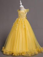 Long A-Line Tulle Jewel Neck Wedding Party Pageant Flower Girl Dresses with S… - photo 4