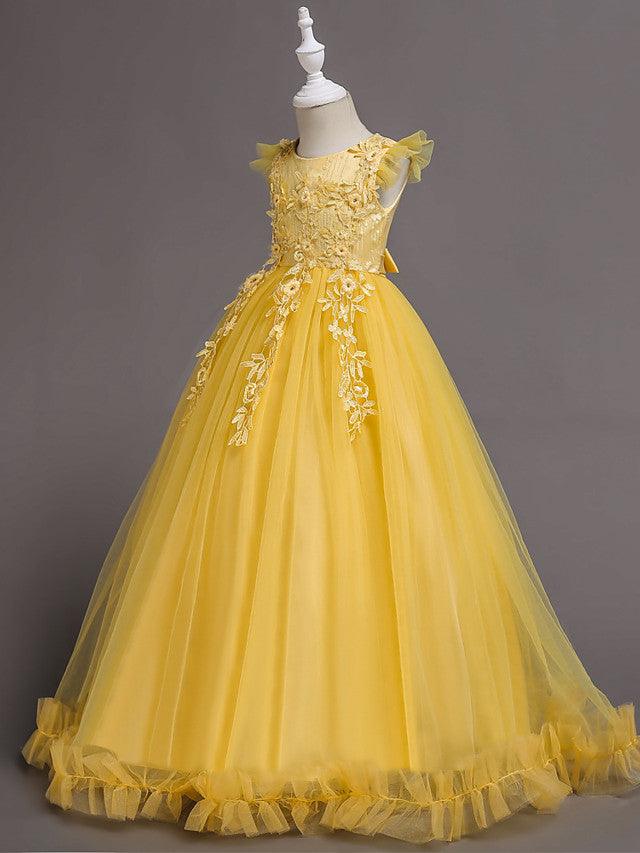 Long A-Line Tulle Jewel Neck Wedding Party Pageant Flower Girl Dresses with S… - photo 4