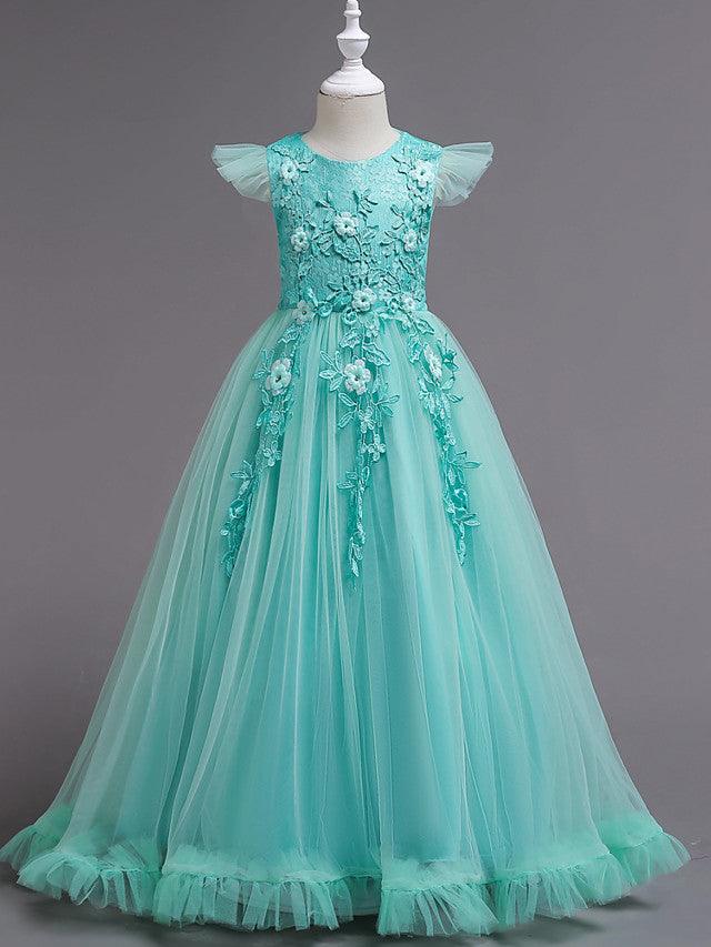 Long A-Line Tulle Jewel Neck Wedding Party Pageant Flower Girl Dresses with S… - photo 5