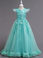 Long A-Line Tulle Jewel Neck Wedding Party Pageant Flower Girl Dresses with S… - photo 5