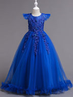 Long A-Line Tulle Jewel Neck Wedding Party Pageant Flower Girl Dresses with S… - photo 6