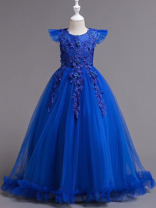 Long A-Line Tulle Jewel Neck Wedding Party Pageant Flower Girl Dresses with S… - photo 6
